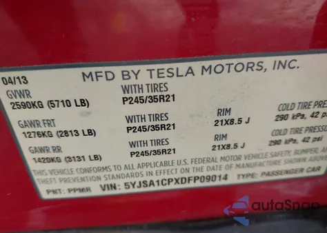 2013 Tesla Model S Performance z USA, uszkodzony, nr VIN 5YJSA1CPXDFP09014